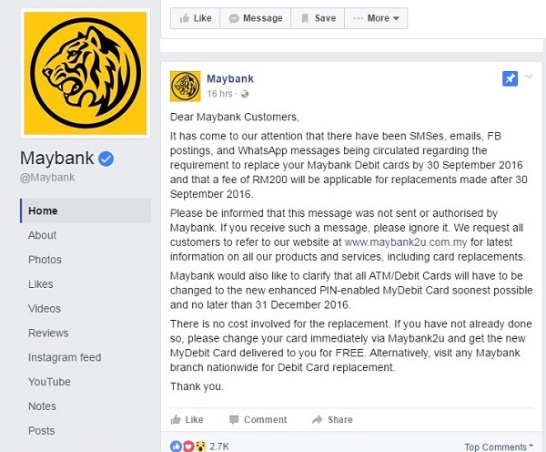 马来亚银行通过脸书贴文证清没有贴文9月30日后更换现金卡，用户需支付200令吉手续费。