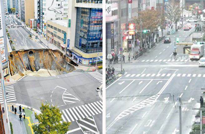 JR博多站前道路11/8塌出的大洞，在一周后迅速被填平，当时被国际媒体誉为日本效率的典范。(左图/中央社；右图/取自Twitter yokogi_ryota)